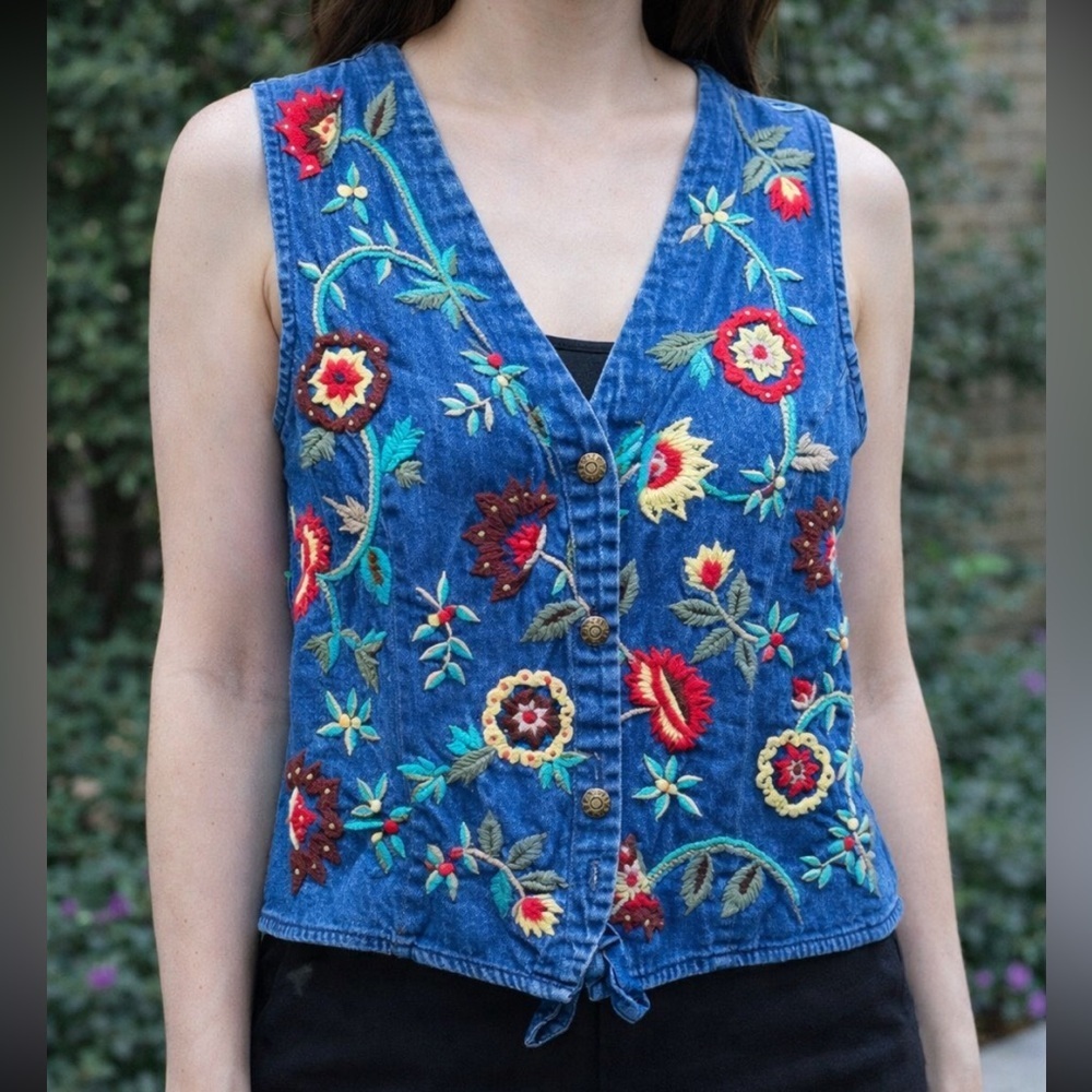 VINTAGE CARROLL REED FLORAL EMBROIDERED JEAN VEST SIZE 10